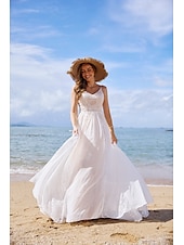 baratos Vestidos de Casamento-Vestidos de Casamento Boho com Costas Abertas de Praia A-Line Decote em V Alças Finas Sem Mangas Cauda de Varredura  Pincel em Chiffon com Franjas