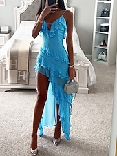 preiswerte Chiffonkleider-Damen Midikleid Freizeitkleid Cocktailkleid Kleid für Hochzeitsgäste Chiffonkleid Mode Outdoor Ferien Date Normale Passform Einfach Ärmellos Spaghettiträger Blau Sommer Frühling