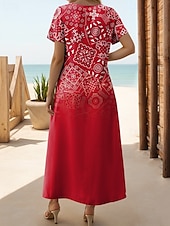billige Boho-kjoler-Dame Maxikjole T skjortekjole Solkjole Skiftkjole Ferie Fritid Strandstil Fest Strand Normal Nyanse Grafisk Geometrisk Kortermet Crewneck Gul Rød Blå Lilla Sommer Vår
