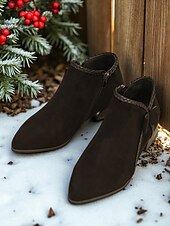 abordables Bottines-Bottines rouges en simili-suède pour femme – bottines à talon bas avec nœud latéral pour les tenues d&#039;hiver, les fêtes de Noël et les achats décontractés