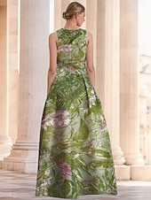 abordables FLORALES-Robe de soirée A-Line en jacquard floral verte élégante Robe de mariage formelle longueur au sol sans manches en V en nylon avec poche fente Robe invitée de mariage
