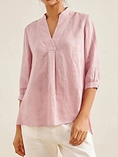 billige Kvinne Enkle Topper-Dame Bluse Helfarge Elegant Fritid Langermet V-hals Vanlige topper Daglig Ferie Knapper Hvit Rosa Blå Kakifarget Vår Høst