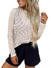 preiswerte Damen Streifen- und geometrische Oberteile-Damen Bluse Karomuster Stilvoll Lässig Langarm Rundhalsausschnitt Normale Oberteile Täglich Druck Schwarz Rosa Aprikose Sommer Frühling Herbst