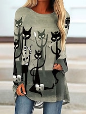 abordables Hauts d&amp;#39;Halloween-Halloween Femmes T-shirt Graphique Animal ancien Élégant Classique manche longue Col ras du cou Col rond Hauts Longs Quotidien Imprimé Rose Claire Bleu Vert Printemps Automne