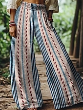 billiga breda ben och hög midja-Dam Brett skaft Byxor Palazzo byxor Mode Boho Fullängd Hög midja Randig Elastisk midja Mateial som andas Bekväm Gata Dagliga kläder Utekväll Rubinrött Blå Grön Vår Höst Normal