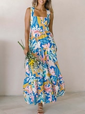 billiga Blommiga klänningar-Dam Maxiklänning A linjeklänning Slipklänning Semester Ledigt Boho Utomhus Utekväll Normal Blommig Ärmlös Halterneck Vit Gul Blå Orange Sommar Vår