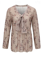 abordables Tops bohèmes-Femmes Chemisier occidental Chemisier Hauts en mousseline de soie Fleuri Bohème ancien Boho manche longue Col en V Hauts Réguliers Quotidien Fête À lacets Imprimé Kaki Été