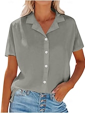 preiswerte Hemden-Damen Hemd Baumwoll-Leinen-Hemden Knopfleiste Bluse Einfarbig Stilvoll Lässig Kurzarm Hemdkragen Normale Oberteile Täglich Knöpfe Tasche Weiß Gelb Leicht Blau Sommer
