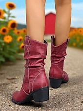levne Slouch Boots-Dámské hnědé volné kozačky do půli lýtek s úzkým podpatkem – boty z umělé kůže ve vintage westernovém stylu na venkovské outfity, návštěvy farem a podzimní festivaly