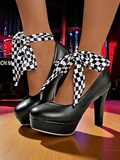 billige 1980-tallet-Damesko i vintage-stil, svart med platåhæler fra 1980-tallet og rutete ankelbånd – retro pin-up-pumps til fester, dansearrangementer og kvelder ute