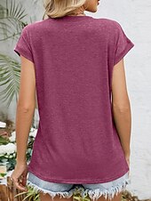 abordables T-shirt uni-Femmes Hauts d&#039;été Couleur Unie Élégant Occasionnel Manche Courte Col en V Hauts Réguliers Quotidien Froncé Vert cendré Noir Blanche Vin Été Printemps