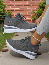 abordables Baskets femme-Baskets compensées Flyknit roses pour femmes avec détails en strass – Chaussures de sport légères et respirantes pour une tenue décontractée et la marche