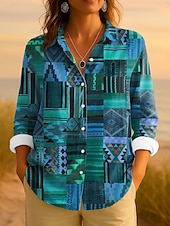 ieftine Topuri boho pentru femei-Pentru femei Cămașă Grafic Geometric Dungi Epocă Tropical Zilnic Manșon Lung Guler Cămașă Topuri obișnuite Muncă Zilnic Peteci Nasturi Imprimeu Roșu-aprins Albastru piscină Mov Portocaliu Var