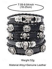 billige Menns smykker-Sett med armbånd i skinn med hodeskalle-anheng for menn – justerbart punk-armbånd i ekte skinn til halloween-fest, cosplay og rockekonserter