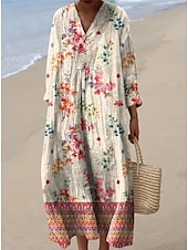 abordables Robe Boho-Femmes Robe maxi Robe d&#039;Été Robe trapèze Vacances Occasionnel Sortir Coupe Ample Fleuri Graphique Paisley manche longue Col en V Bleu Ciel Bleu marine Noir Orange Été Printemps Automne