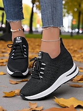 baratos Ténis de mulher-Tênis feminino flyknit com salto oculto, estilo esportivo com listras ousadas, perfeito para uso diário, caminhadas e passeios casuais