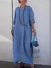 abordables concevoir des robes en coton et lin-Femmes Robe Longue Maxi Robe Robe Décontractée Mode Moderne Extérieur Vacances Fête Coupe régulière Uni manche longue Col ras du cou Blanche Jaune Rose Claire bleu marine Automne