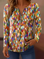 abordables T-shirt Art &amp; Design-Femmes T-shirt A Ombre Graphique Abstrait Élégant ancien Classique manche longue Col en V Hauts Réguliers Quotidien Week-end Fermeture éclair Imprimé Rose Claire Bleu Orange Vert Printemps Automne