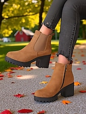 baratos Botas do Chelsea-Botas Chelsea femininas de camurça sintética – botins de salto grosso e sola de borracha para passeios de outono na fazenda, estradas rurais e colheita de abóboras