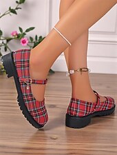 cheap Women&#039;s Flats-Women&#039;s Red Plaid Mary Jane Flats - Chunky Sole Tartan Shoes with Buckle Strap, Casual School Style for Teens and Fall Outfits