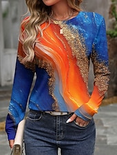 ieftine tricou Art &amp; Design-Pentru femei Tricou Ombre Grafic Bloc Culoare Epocă Stilat Casual Manșon Lung Stil Nautic Rotund Topuri obișnuite Zilnic Imprimeu Mov Portocaliu Trifoi Vară Primăvară Toamnă