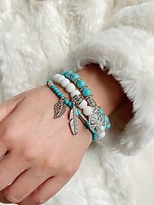 economico Bracciale da donna-Set di bracciali da donna in stile boho con perline turchesi, con ciondolo a forma di albero della vita e piuma, elastico, perline in pietra naturale, adatti per abbigliamento casual, feste e regali.