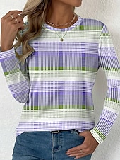 billiga Randig och geometrisk t-shirt-Påsk Dam T-shirt Grafisk Rutig Stylish Modern Ledigt Långärmad Rund hals Vanliga toppar Dagligen Mönster Gul Rodnande Rosa Blå Purpur Grön Sommar Vår Höst