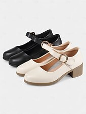 levne Block Heels-Dámské Podpatky Bílé boty Kancelář Práce Přezky Blokovat patu Oblá špička Pohodlné Chůze Kůže Spona Černá Béžová