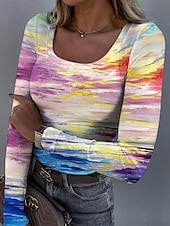 ieftine tricou Art &amp; Design-Pentru femei Tunică Ombre Grafic Epocă Modă Stilat Manșon Lung Pătrat Topuri obișnuite Zilnic Imprimeu Galben Albastru piscină Mov Trifoi Primăvară Toamnă