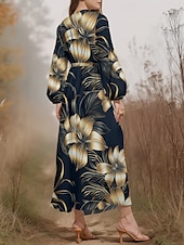abordables Robe Fleurie-Femmes Robe Midi Robe Décontractée Mousseline de Soie Robe évasée Moderne Vacances Quotidien Week-end Coupe régulière Fleuri manche longue Col en V bleu marine Bleu Bleu de minuit Été Printemps