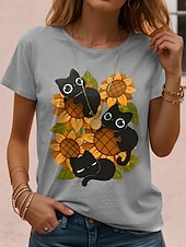 abordables T-shirt Animaux-Femmes T-shirt Chemise en coton Graphique Chat ancien Élégant Classique Manche Courte Col ras du cou Col rond Hauts Réguliers Quotidien Imprimé Noir Blanche Bleu Gris Été Printemps