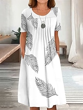 preiswerte Blumenkleid-Damen Midikleid T-Shirt-Kleid A Linie Kleid Sommerkleid Urlaub Lässig Täglich Normale Passform Grafik Blatt Kurzarm Rundhalsausschnitt Weiß Rosa Blau Grün Sommer Frühling