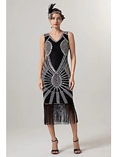 abordables Robes-Rétro Vintage Années Folles Années 1920 Midi Robe Charleston Robe de cocktail Gatsby le Magnifique Fille Flapper Paillettes Frange Col en V Femmes Noël Halloween Carnaval Mariage Soirée Mascarade