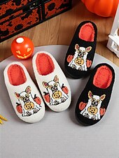 abordables Pour les femmes-Chaussons unisexes en polaire brodés pour chien d&#039;Halloween – chaussures d&#039;intérieur confortables avec motif citrouille pour femmes et hommes