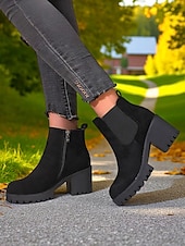 baratos Botas do Chelsea-Botas Chelsea femininas de camurça sintética – botins de salto grosso e sola de borracha para passeios de outono na fazenda, estradas rurais e colheita de abóboras