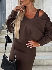 abordables Robe Simple-Femmes Robe Ensemble Robe fourreau Occasionnel Uni Froncé Robe Midi manche longue À capuche Extérieur Quotidien Noir Chameau Café Été Printemps Coupe régulière