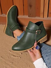 abordables Botines-Botines marrones de piel sintética para mujer: botines de tacón bajo con hebilla y cremallera lateral para salidas de otoño, paseos por el campo y uso diario.