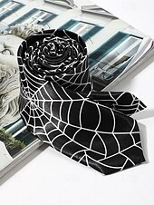 economico Accessori di Halloween-Cravatta da uomo con stampa ragnatela di Halloween – cravatta sottile in raso bianco e nero, elegante accessorio per feste, cosplay, eventi formali e abiti da ufficio per Halloween