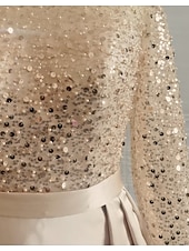 economico Champagne-Abito da sera sirena in paillettes abito in satin champagne arricciato maniche lunghe masquerade lunghezza fino al pavimento scollo illusion con perle gonna sovrapposta