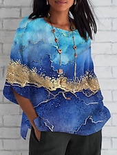 billige Kvinnenes Kunst &amp; Design Topper-Dame Skjorte Marmortrykk Daglig Fritid 3/4 ermer Crew-hals Vanlige topper Daglig Ferie Trykt mønster Navyblå Marineblå Blå Himmelblå Dusty Blue Sommer Vår Høst