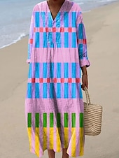 preiswerte Streifen- und geometrische Kleider-Damen Midikleid Sommerkleid A Linie Kleid Urlaub Lässig Boho Party Strand Lässiger Schnitt Grafik Geometrisch Langarm V Ausschnitt Gelb Rosa Blau Orange Sommer Frühling Herbst