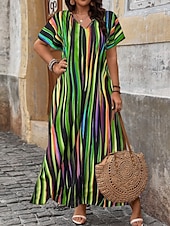 abordables Robes Rayés et Géométriques-Femmes Robe maxi Robe trapèze Occasionnel Extérieur Plage Coupe Ample Rayure Manche Courte Col en V Rose Claire Rouge Bleu Violet Été Printemps