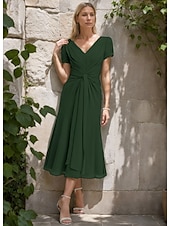cheap Tea Length-A-Line Mother of the Bride Dress Formal Wedding Guest Elegant Simple Minimalist V Neck Tea Length Chiffon Short Sleeve with Pleats Ruched