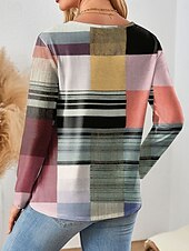 billige Stripe og geometrisk t-skjorte-Dame T skjorte Grafisk Geometrisk Årgang Stilfull Klassisk Langermet V-hals Vanlige topper Daglig Trykt mønster Rosa Blå Oransje Grønn Vår Høst