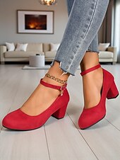 baratos Block Heels-Sapatos Mary Jane femininos de salto bloco vermelho - sapatos sociais de camurça sintética com bico redondo e tira no tornozelo, estilo vintage para escritório, festas e uso diário