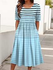 preiswerte Streifen- und geometrisches Kleid-Damen Midikleid Sommerkleid Faltenkleid Urlaub Lässig Ferien Normale Passform Grafik Geometrisch Gestreift Halbarm Rundhalsausschnitt Rosa Blau Purpur Sommer Frühling