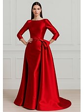 preiswerte ROT-rot-schwarzes A-Linien-Abendkleid, elegantes Kleid, formelle Hochzeit, bodenlang, 3/4-Ärmel, Rundhalsausschnitt, Stretch-Satin mit Falten, 2025