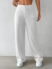 preiswerte Schlichte Hose aus Baumwollleinen-Damen Weites Bein Chinos Mode Basic Lässig Volle Länge Mittlere Taillenlinie Einfarbig Tasche Komfort Außenbereich Unelastisch Urlaub Straße Täglich Schwarz Weiß Blau Aprikose Sommer Frühling Herbst