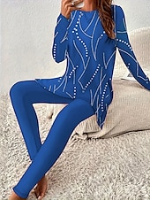 tanie graficzna bielizna nocna-Damskie Elegancja Urlop Moda Podkoszulek Zestawy spodni Długi rękaw Okrągły dekolt Kwiaty Graficzny Nadruk Codzienne Czerwony Granatowy Jadeit Lato Regularny