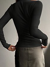preiswerte Einfarbiges T-Shirt-Damen Bluse Einfarbig Stilvoll Basic Lässig Langarm Rundhalsausschnitt Normale Oberteile Täglich Knöpfe Schwarz Weiß Rosa Grün Grau Sommer Frühling Herbst